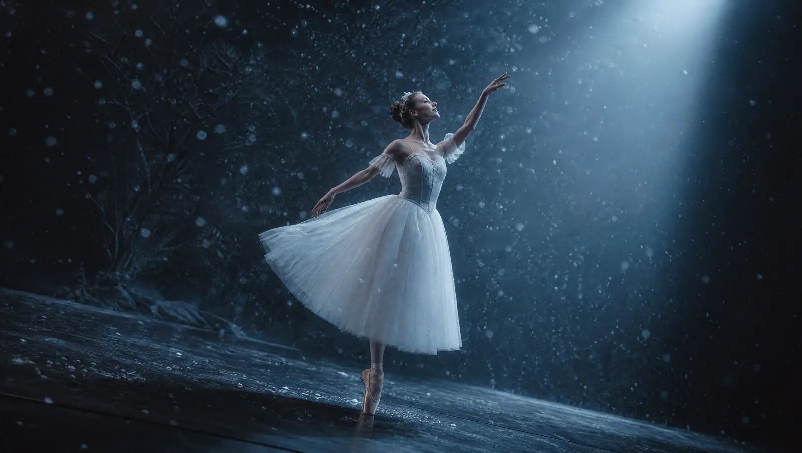 雪の降る夜の舞台で、ひとり踊るバレリーナ