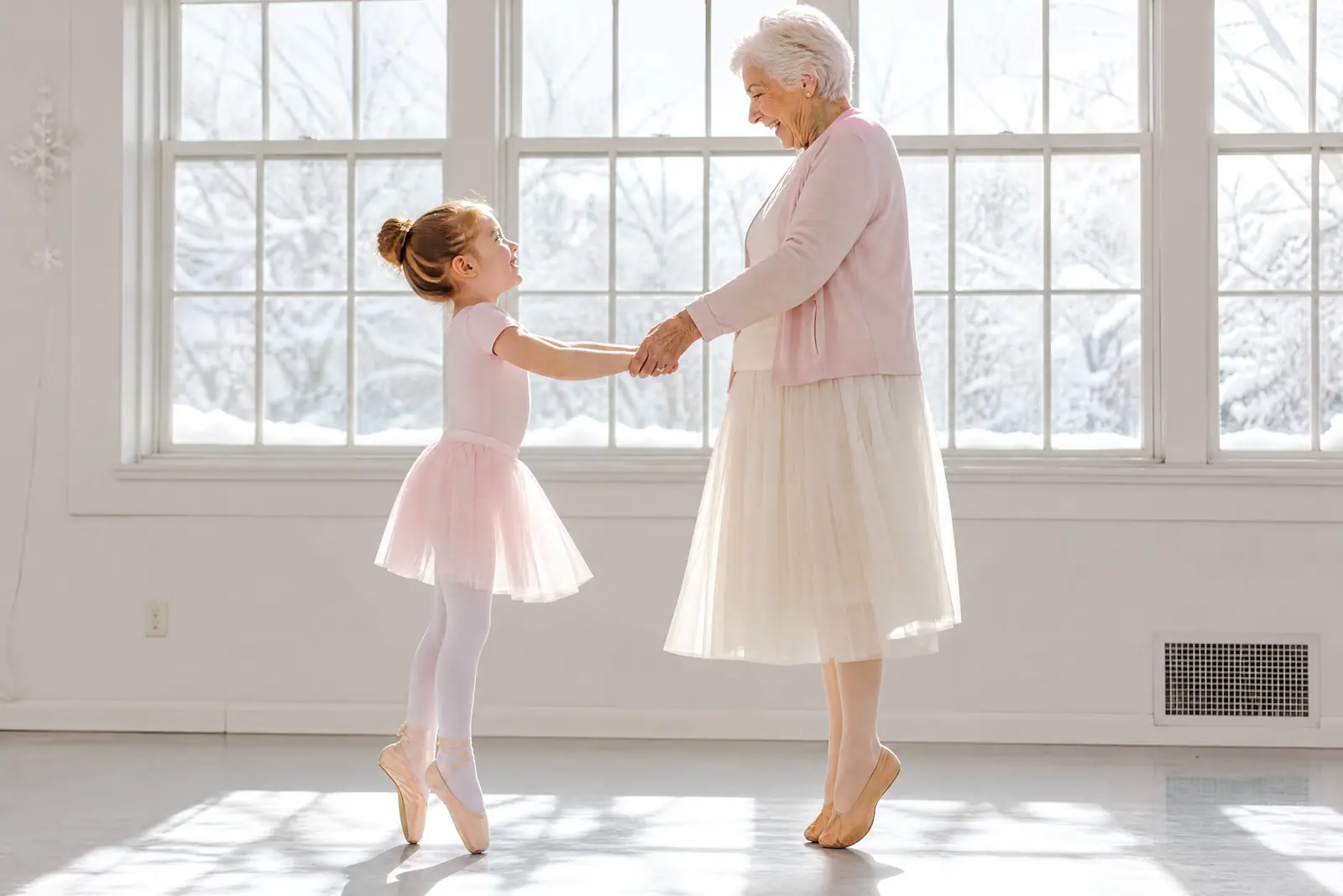 雪の朝のスタジオで手をつなぎ、つま先立ちをする女の子と年配の女性